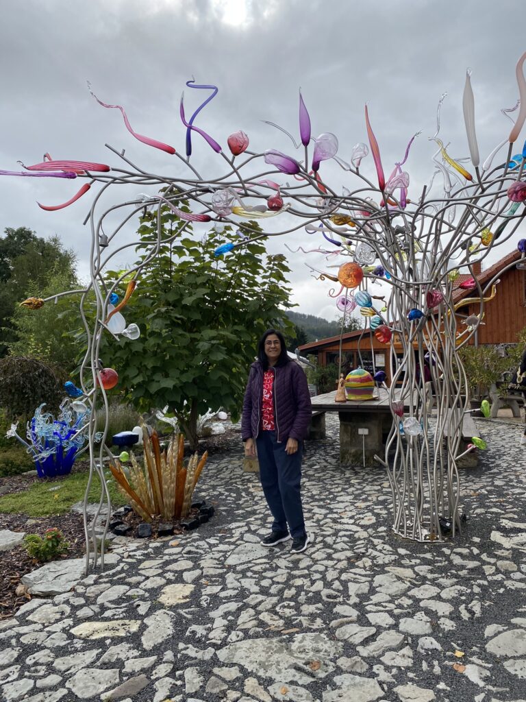 The crystal Garden created by Jiri Pachinek. Beautiful glass sculptures dotted around the gardens made from intricately shaped blown glass in various shapes and colours.