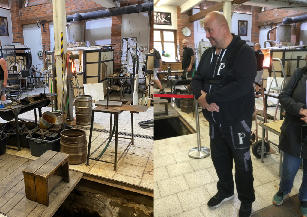 A photo of Jiri Pacinik and the inside of the Cvikov glass workshop.