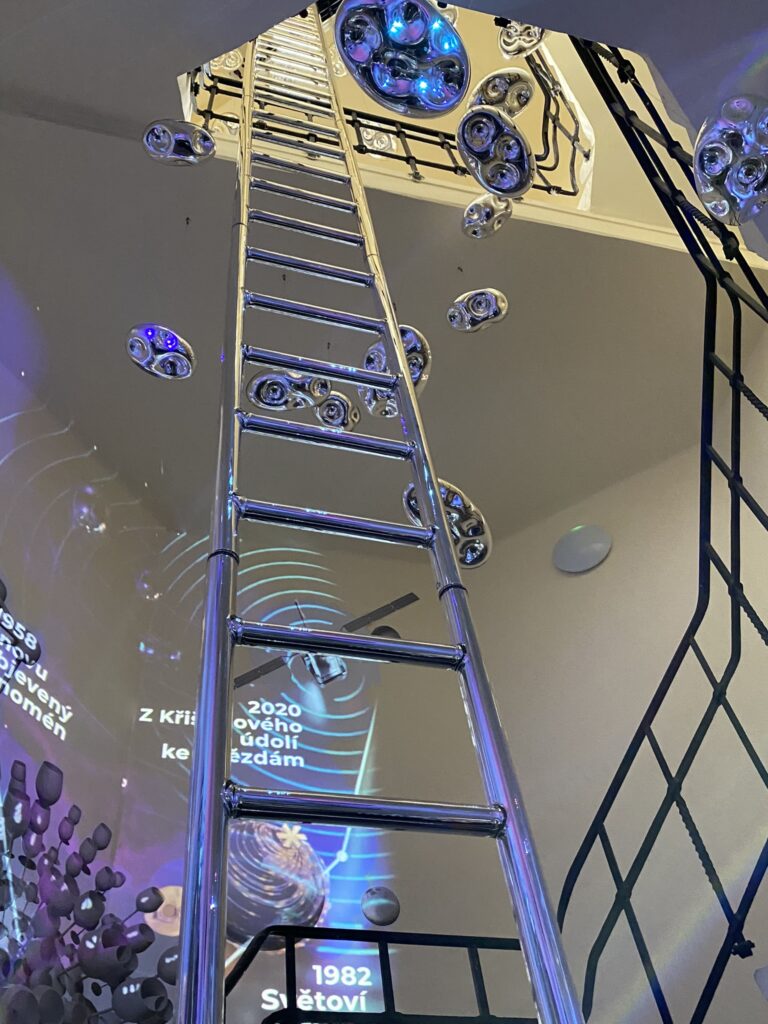 The ladder stretching up into the ceiling to the Crystal Tower at North Bohemian Museum in Liberec