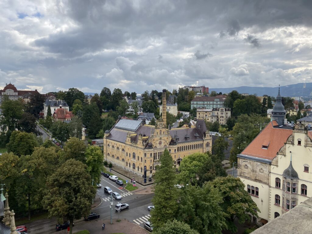 Views of the Jizera mountains, and the town of Liberec from the top of the crystal tower in the North Bohemian Museum in Liberec