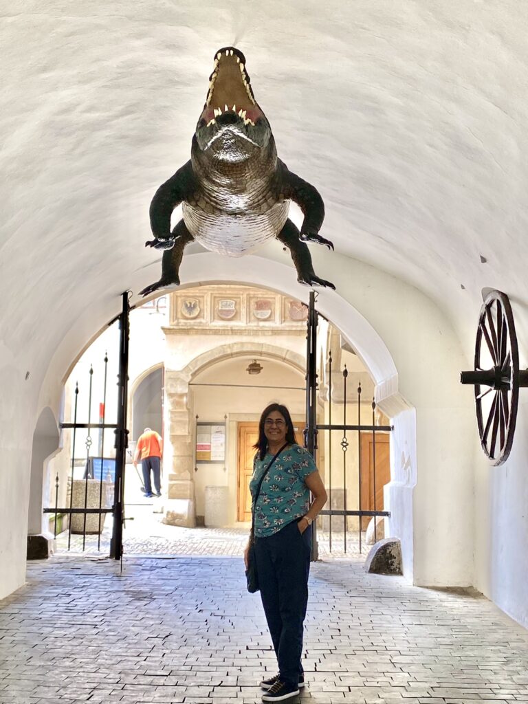 The Brno Dragon, a large crocodile hanging from the ceiling in the Old town hall passage in Brno