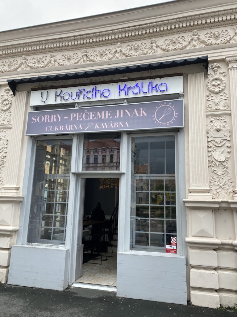 Front door of Sorry pečeme jinak (Sorry, We Bake Differently) Cafe in Brno Czech Reublic