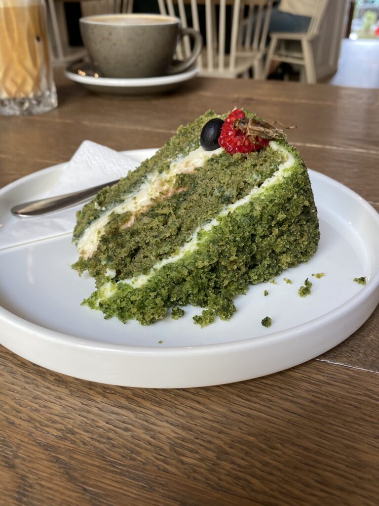A slice of traditional Green Moss cake at with crikits on plate at Sorry pečeme jinak (Sorry, We Bake Differently) Cafe in Brno Czech Reubl
