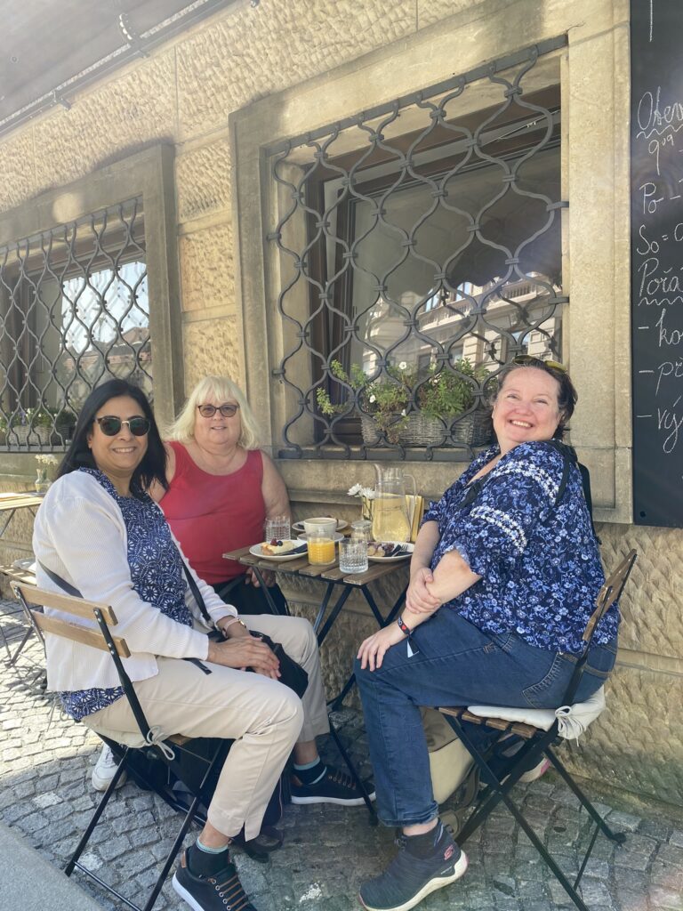 Nayna, Heidi and Nikki enjoying coffee outside PF Cafe Brno Czech Republic