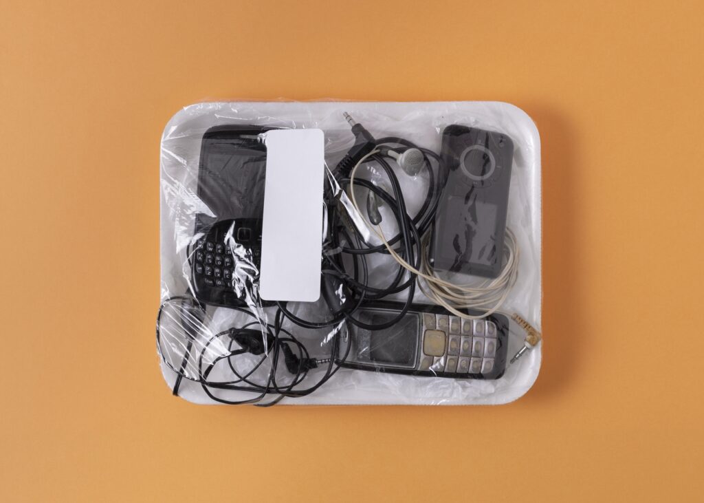 Old electronic gadgets in a plastic pouch.