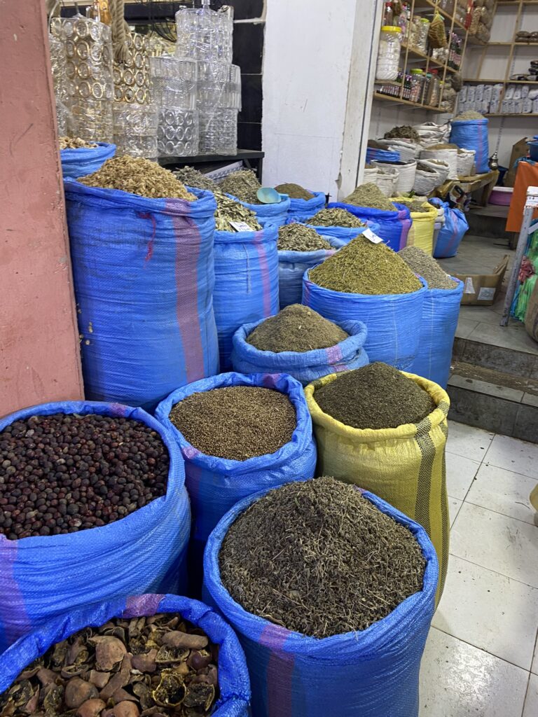 Moroccan spices in sack in Souk Al Had Agadir