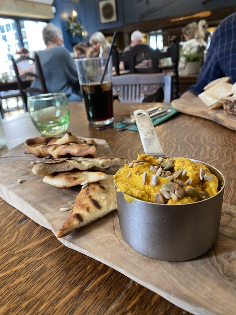 Roasted squash and Ras el Hanout Houmous with homemade flatbread. Starter at The Duke on the Test Inn Romsey