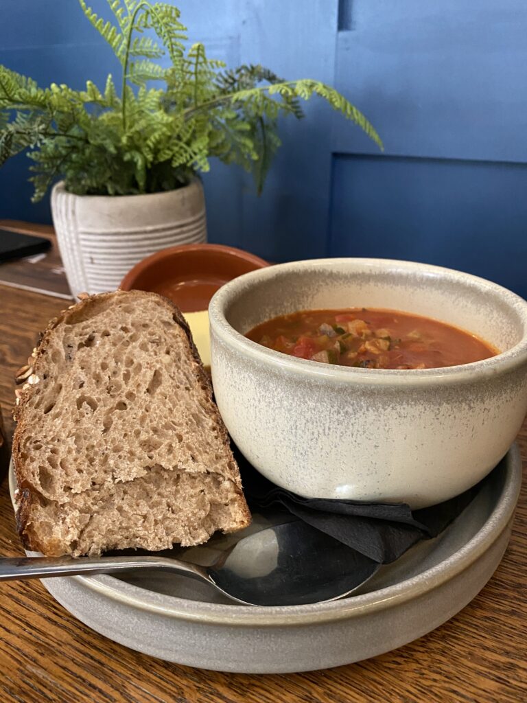 The tomato and courgette soup served with homemade bread at the Duke on the Test Inn Romsey