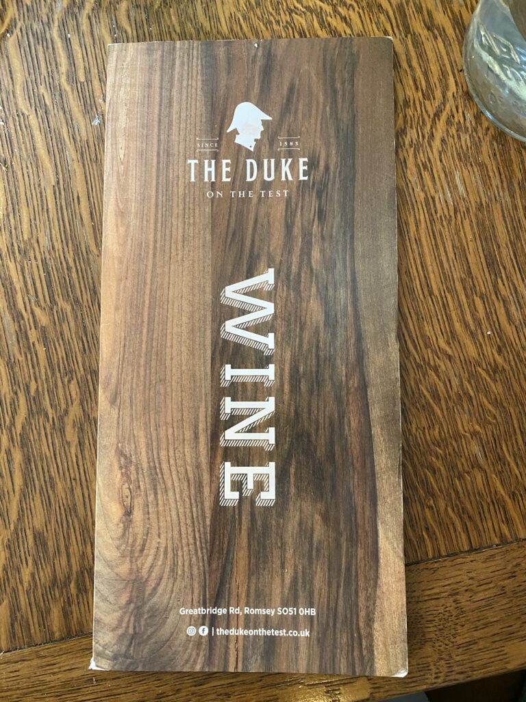 Wine list at The Duke on the Test Inn Romsey