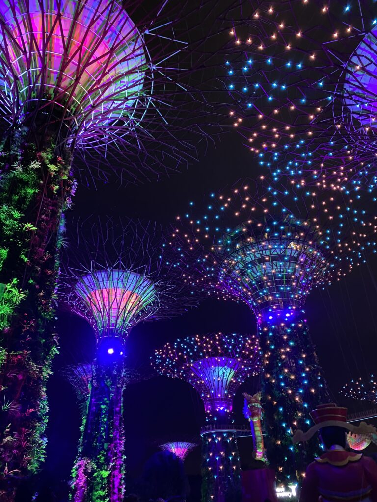 Rhapsody light show at super grove trees Gardens by the Bay, Colourful lights dancing to music